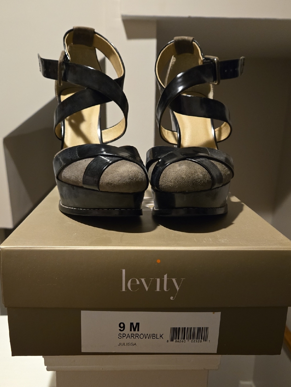 levity Black Patent & Suede Crisscross Platform Sandal